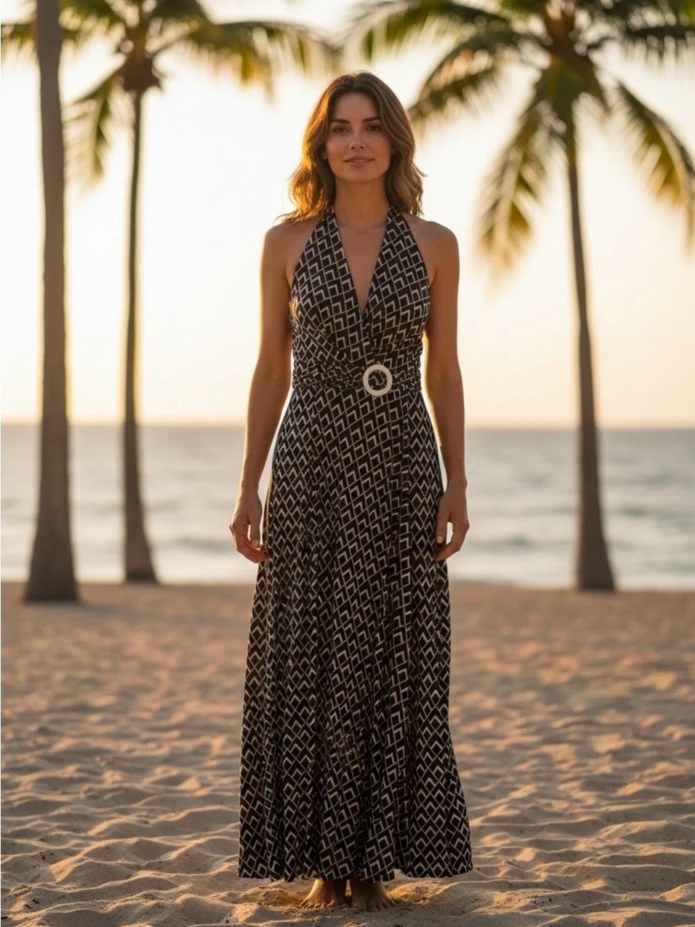 White House Black Market Halter Maxi Dress Bold Geometric Women’s Small Summer